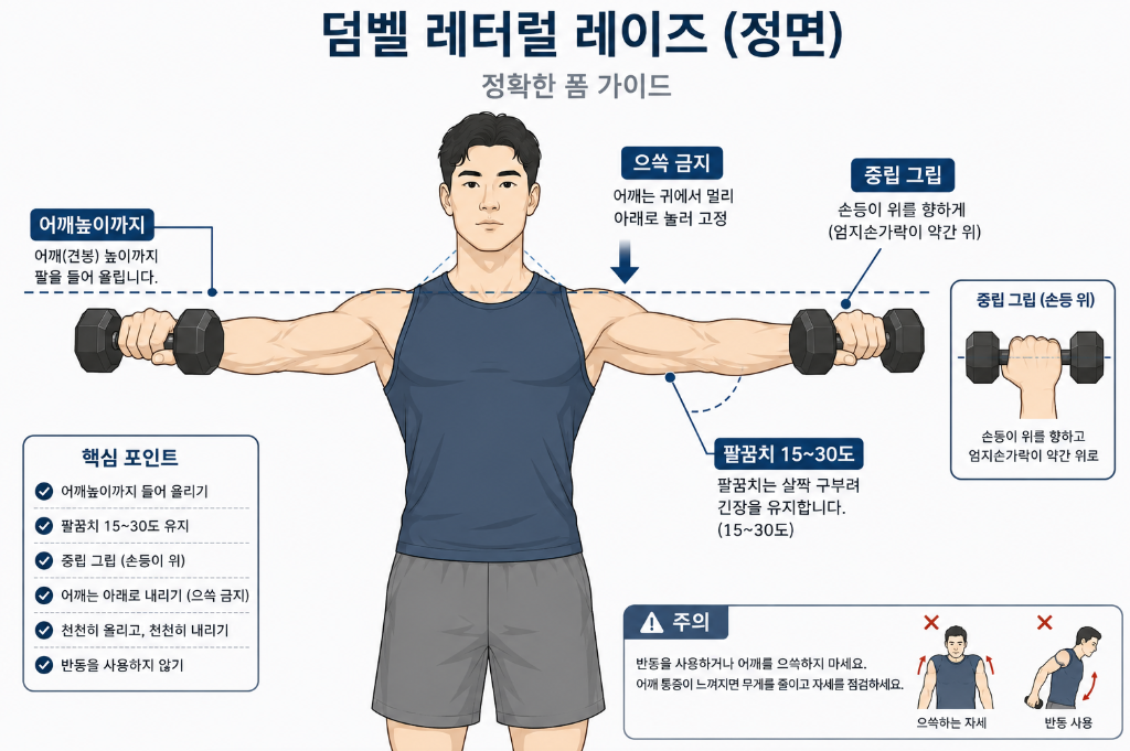 중립 그립과 소프트 벤드로 어깨높이까지 올리는 레터럴 레이즈 자세