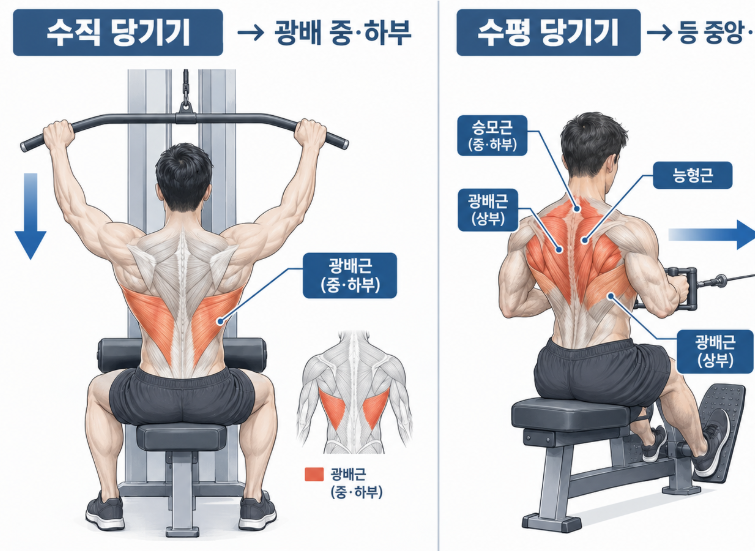 등 운동 수직 당기기 수평 당기기 광배근 승모근 자극