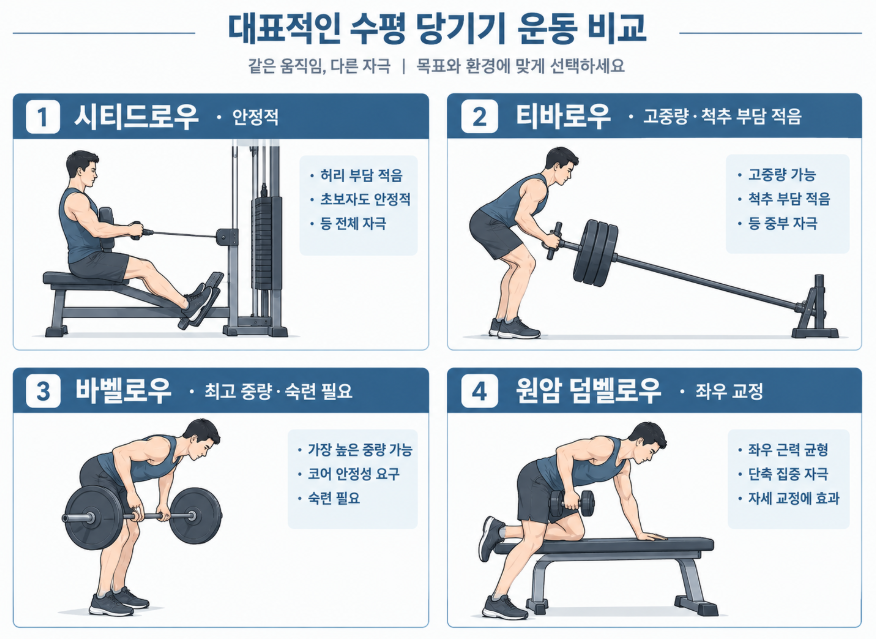 수평 당기기 시티드로우 티바로우 바벨로우 덤벨로우 비교
