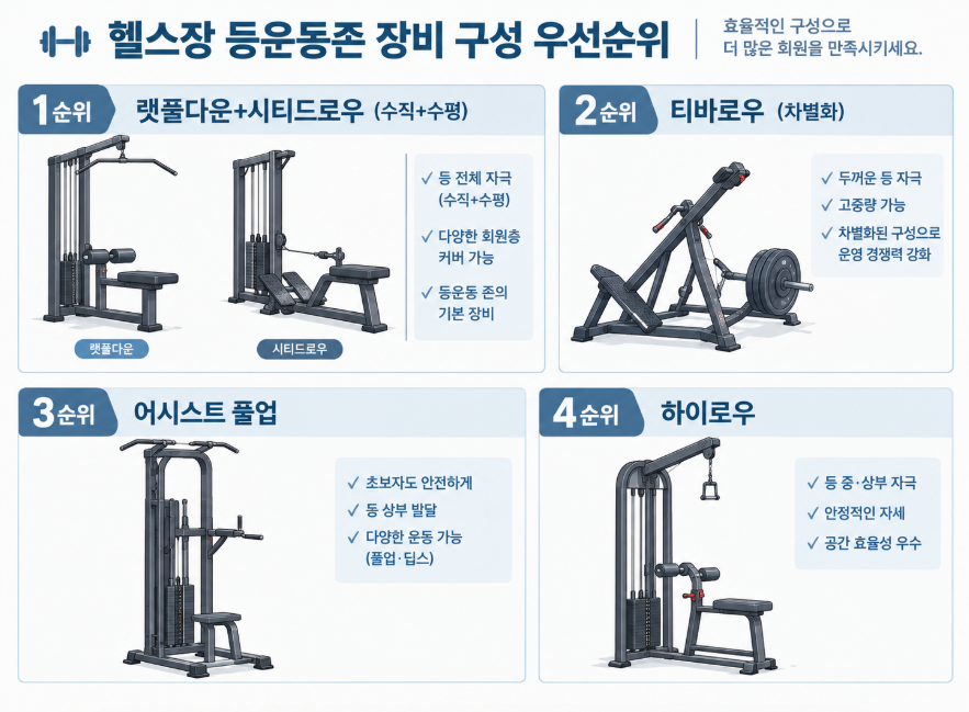 헬스장 등 존 구성 랫풀다운 시티드로우 티바로우 우선순위