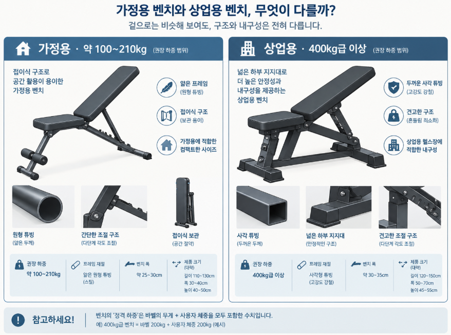 홈짐 기구 상업용 기구 하중 프레임 크기 차이
