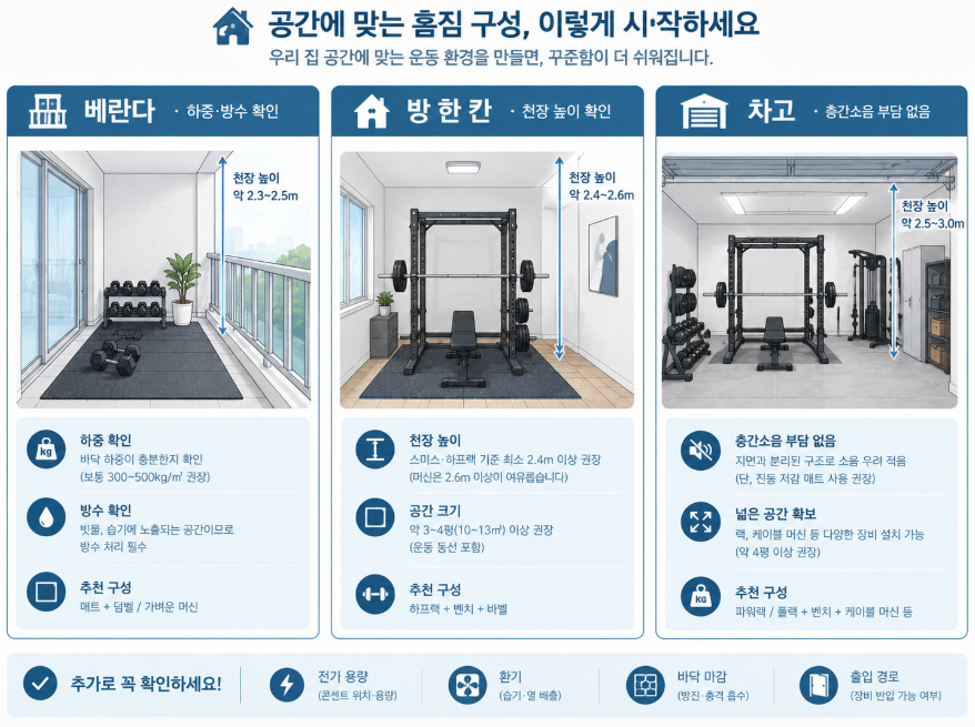 홈짐 공간별 구성 방 한 칸 베란다 차고 천장 높이