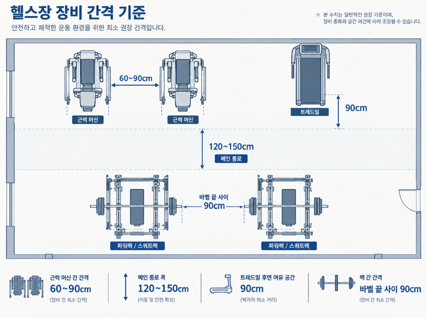 헬스장 기구 배치 간격 기준 통로 폭 머신 사이