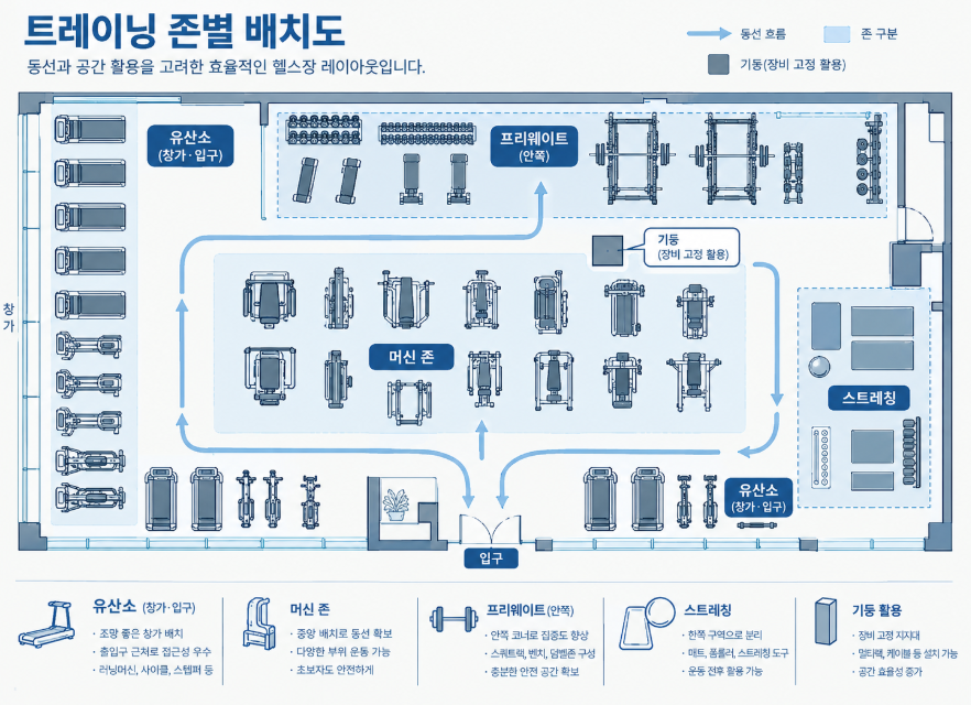 헬스장 존 배치 유산소 창가 프리웨이트 안쪽 머신 중간