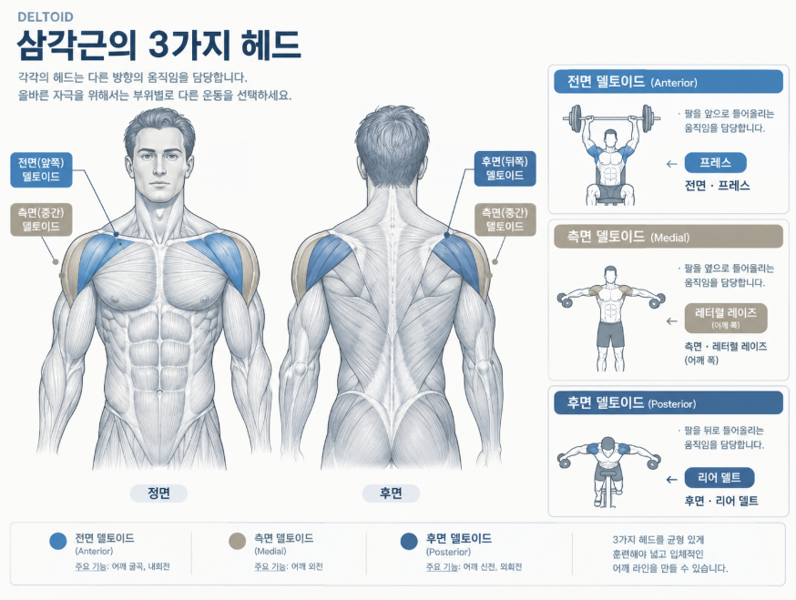 어깨 삼각근 전면 측면 후면 갈래별 담당 기구