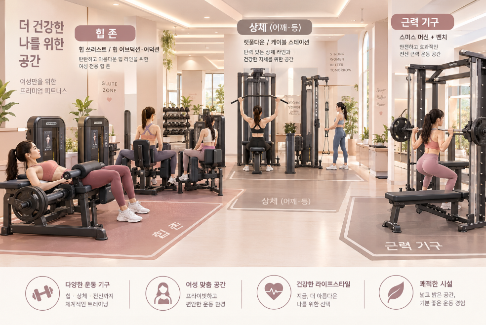 여성 전용 헬스장 힙 존 근력 기구 상하체 균형 구성