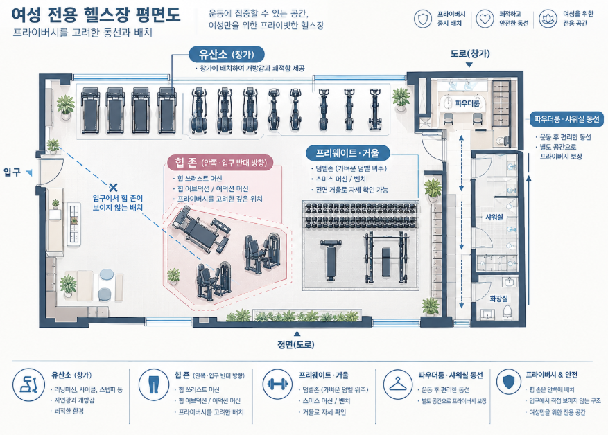여성 전용 헬스장 배치 힙 존 안쪽 유산소 창가 시선 고려
